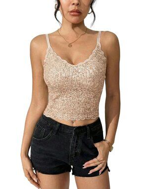 🆕Women's Gold Built in Bra Tank Tops Sequin Sparkly Sleeveless Shirts